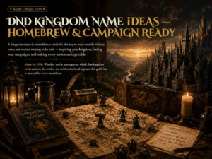 Epic DnD-inspired kingdom featuring castles, dragons, banners, and magical landscapes for kingdom name ideas.